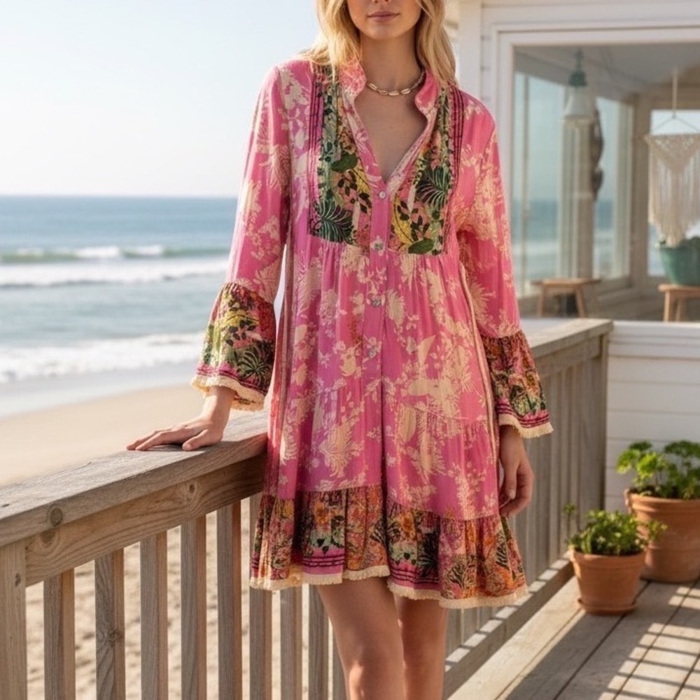 Bognar Blu Floral Silk Feel Blouse Tunic Top Multicolor‎ Made in Italy Large